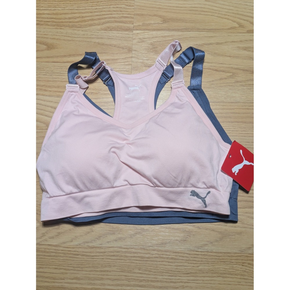 Puma Womens 2 Pack Seamless Sports Bras Pink Blue Large